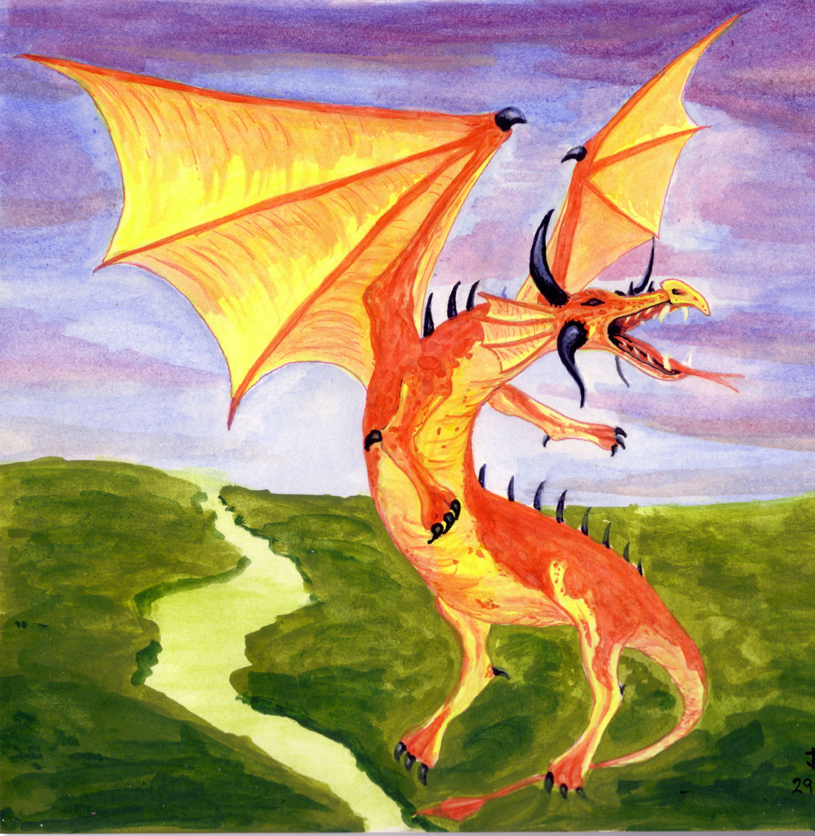Painting of a Red Dragon flying over a forest