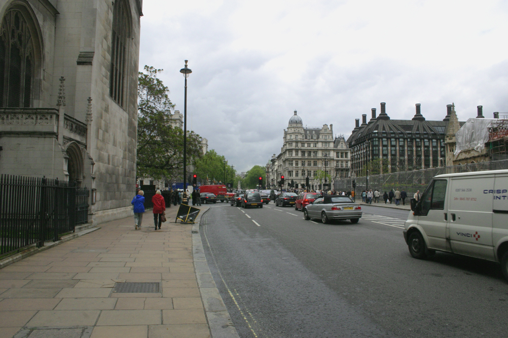 View towards and up Whitehall from St Margarets Church on Parliament Square.