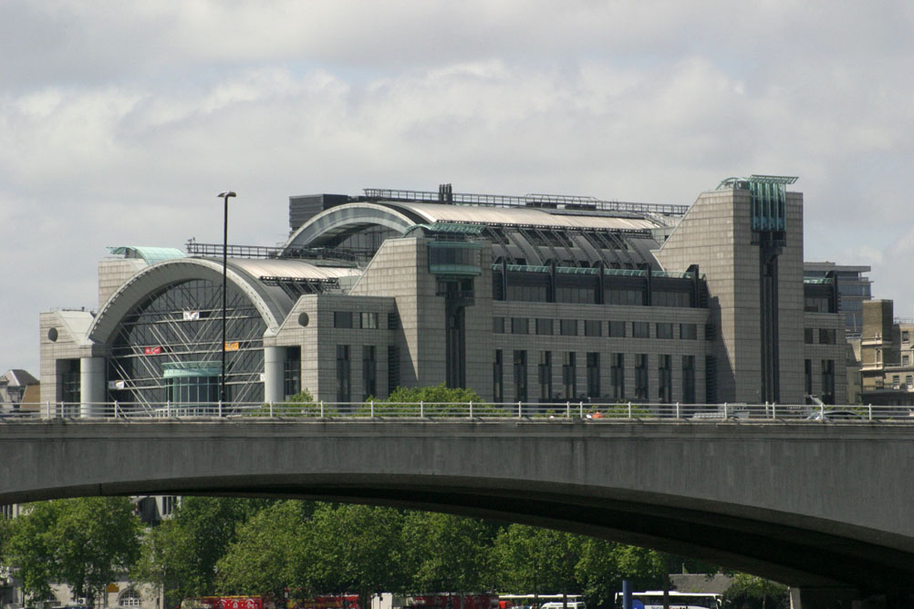 Charing Cross Station viewed from the South Bank looking west over Waterloo Bridge.
